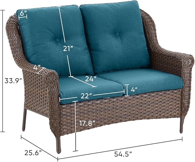 Patio Loveseat Outdoor Wicker Sofa - Heavy Duty All-Weather Brown Rattan 2-Person Sofas with High Back and Comfortable Thick Cushions for Garden Back Porch Poolside Apartment - Peacock Blue