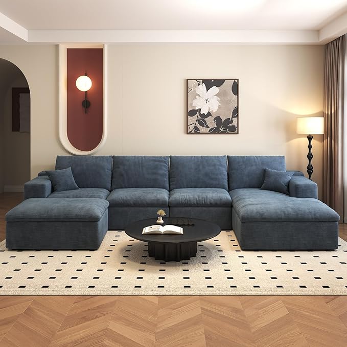 136.6'' U-Shaped Modern Modular Sectional Cloud Couch Whit Ottoman, 4-Seat Chenille Deep-Seat Sofa with Pillow for Living Room, Bedroom, Apartment, Ocean Blue