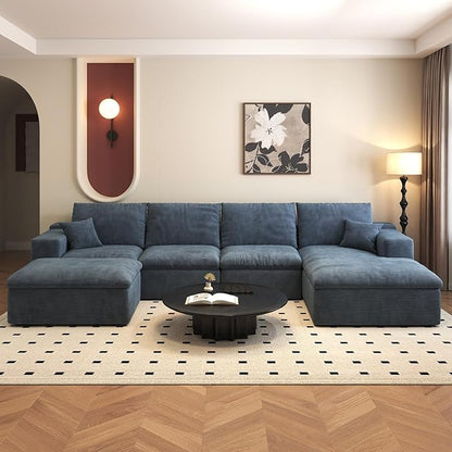 136.6'' U-Shaped Modern Modular Sectional Cloud Couch Whit Ottoman, 4-Seat Chenille Deep-Seat Sofa with Pillow for Living Room, Bedroom, Apartment, Ocean Blue
