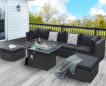 NICESOUL 29.3'' High Backrest Patio Furniture Set with Firepit Table Gas/Propane, Heavy Duty Deep Seating Outdoor Sectional Sofa Sets, 6 Seater Modern Luxury Extra Large Wicker Conversations, Gray