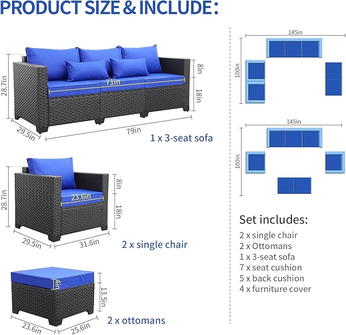 Rattaner Outdoor Wicker Furniture Couch Set 5 Pieces Patio Furniture Sectional Sofa with Royal Blue Cushions and Waterproof Covers