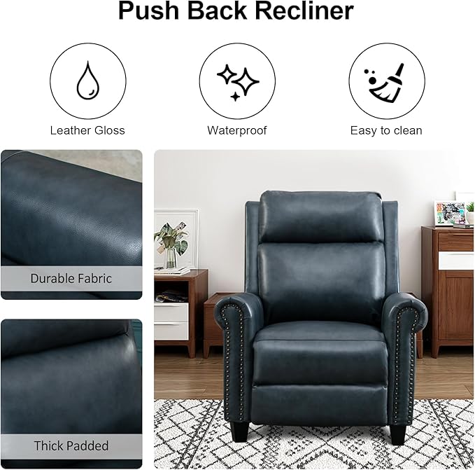CANMOV Leather Recliner Chair Set of 2, Classic and Traditional Push Back Recliner Chair with Comfortable Arms and Back for Living Room Bedroom Adjustable Single Sofa,Navy Blue