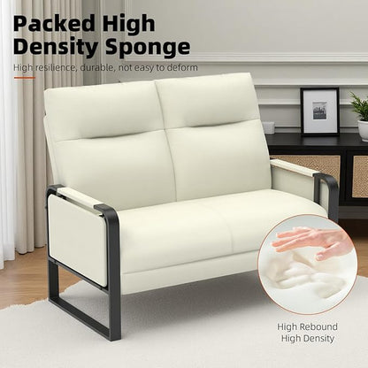 Faux Leather Loveseat, Upholstered Loveseat with Side Tray Table & Storage Pocket, Small Loveseat for Living Room, Modern 2 Seater Sofa Couch for Small Spaces, Bedroom, Beige