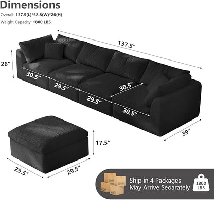 138" Boneless Cloud Couch Modular Sectional Sofa with Deep Seat for Living Room, L Shape Couch with Ottoman, Snowflake Cloth and 40D Memory Sponge，2 Throw Pillows (Black, 4 Seater+1 Ottoman)