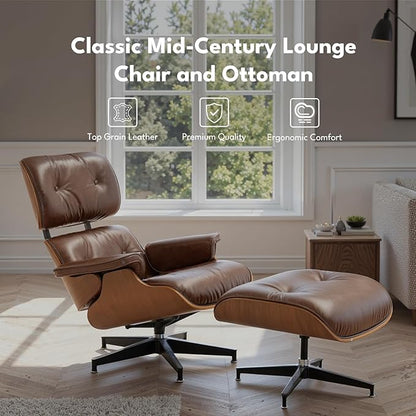 Top Grain Leather, Mid Century Chaise Lounge Chair and Ottoman, Reading Chair, Leather Accent Chair, Modern Chair, Classic Design, for Living Room Lounge Office,Retro Aged Leather, Walnut,Heightening