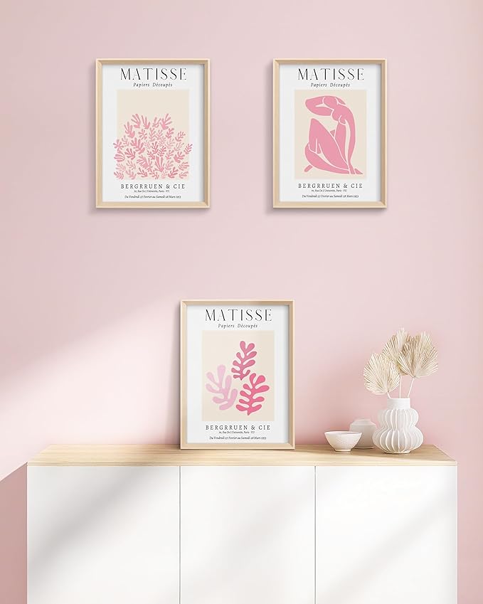 Framed Matisse Pink Canvas Wall Art,Abstract Matisse Canvas Wall Decor,16x12IN High Framed Wood Design Prints,Minimalist Wood Frame Posters for Living Room,Bedroom,Bathroom Set of 3