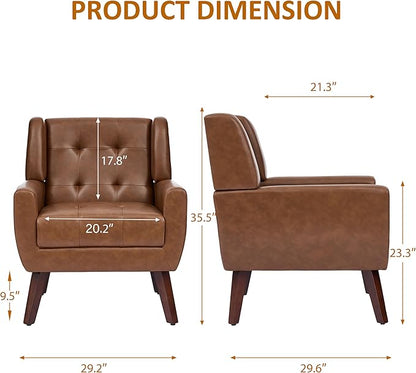 Faux Leather Accent Chair, Mid-Century Modern Upholstered Armchair, Comfy Living Room Chairs Reading Chairs with Button Tufted Back & Solid Wood Legs for Bedroom, Office, Coffee