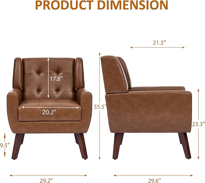 Faux Leather Accent Chairs Set of 2, Mid-Century Modern Upholstered Armchair, Comfy Living Room Chairs Reading Chairs with Button Tufted Back & Solid Wood Legs for Bedroom, Office, Coffee