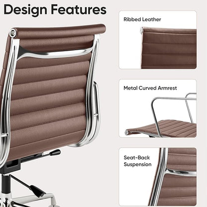 Ribbed Office Chair with Top Grain Leather - Mid Back Ergonomic Desk Chair with Aluminum Arm Rest and 5-Star Base, Swivel Chair Brown