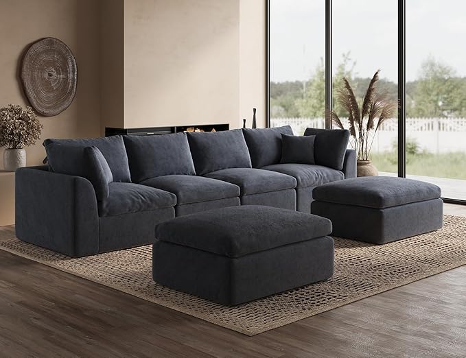 Oversized Cloud Sectional Couches for Living Room, Boneless U Shaped Couch with Ottoman, 4 Seater Modular Sectional Sofa, Dark Grey