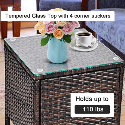 COSTWAY 3 PCS Patio Furniture Set, Outdoor Wicker Conversation Set with Tempered Glass Coffee Table, Seat Cushions, Rattan Wicker Chairs for Poolside Balcony Porch Backyard, Navy