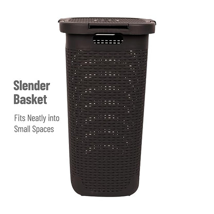 Mind Reader Slim Laundry Hamper with Lid, 60L Clothes Basket, Premium Wicker Design, Plastic, Brown