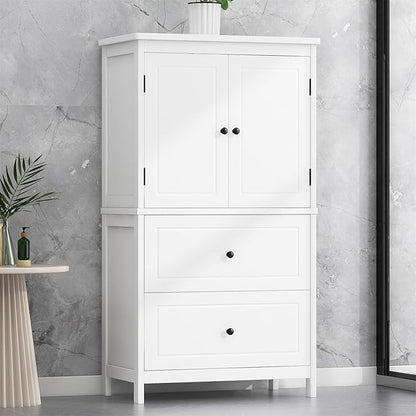 Polibi 43.3" H Storage Cabinet with 2 Doors, 2 Drawers, Adjustable Shelf, Wooden Linen Cabinet for Bathroom, Office, Kitchen, White