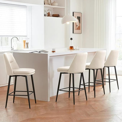 Beige Counter Height Bar Stools Set of 2, 26 Inch Seat Height with Back and Metal Legs, 360° Swivel Upholstered Faux Leather Swivel Bar Stools