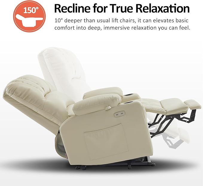 MCombo Oversized Power Lift Recliner Chair for Elderly, Lift Chair with Heat and Massage, Lift Recliner for Big and Tall, Cup Holders, USB &Type C Ports, Faux Leather R7092 (Cream White, Oversize)
