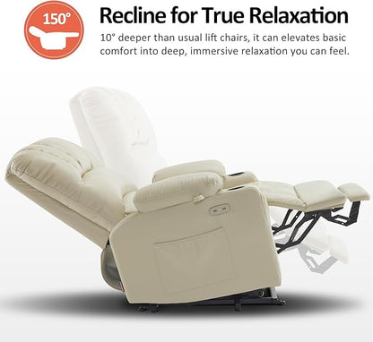 MCombo Oversized Power Lift Recliner Chair for Elderly, Lift Chair with Heat and Massage, Lift Recliner for Big and Tall, Cup Holders, USB &Type C Ports, Faux Leather R7092 (Cream White, Oversize)
