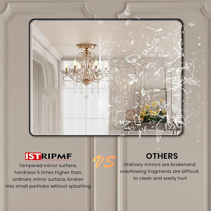 40x30 Inch Black Metal Framed Bathrrom Mirror for Wall,Matte Black Rectabgle Vanity Mirror,Tempered Glass,Anti-Rust,Rounded Corner,Horizontal or Vertical