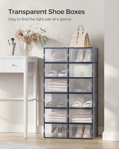 SONGMICS Shoe Boxes, Pack of 12 Shoe Storage Organizers, Stackable Clear Plastic Boxes for Closet, Sneakers, 13.1 x 9.1 x 5.6 Inches, Transparent and Charcoal Blue ULSP12SB30