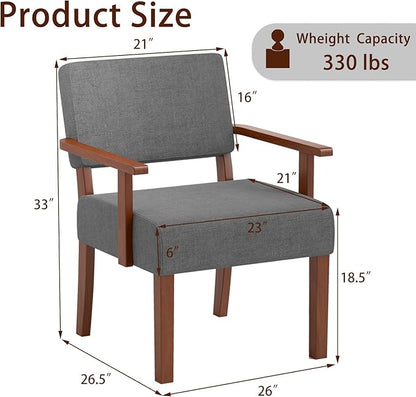 KOMFOTT Upholstered Accent Chairs Set of 2, Mid-Century Modern Armchair with Rubber Wood Frame, Linen Living Room Chairs with Padded Seat & Backrest, Reading Chair for Bedroom, Waiting Room, Grey