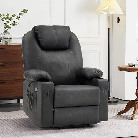 MCombo Large Power Lift Recliner Chair for Elderly, Lift Chair with Heat and Massage for Tall People, Extended Footrest, USB & Type C Ports, Cup Holders, Faux Leather 7516 (Large, Grey)