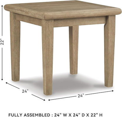 Signature Design by Ashley Gerianne Outdoor Square End Table with Slatting Styling and 5-Step Finishing Process, Eucalyptus Wood Frame, 22" High, Grayish Brown