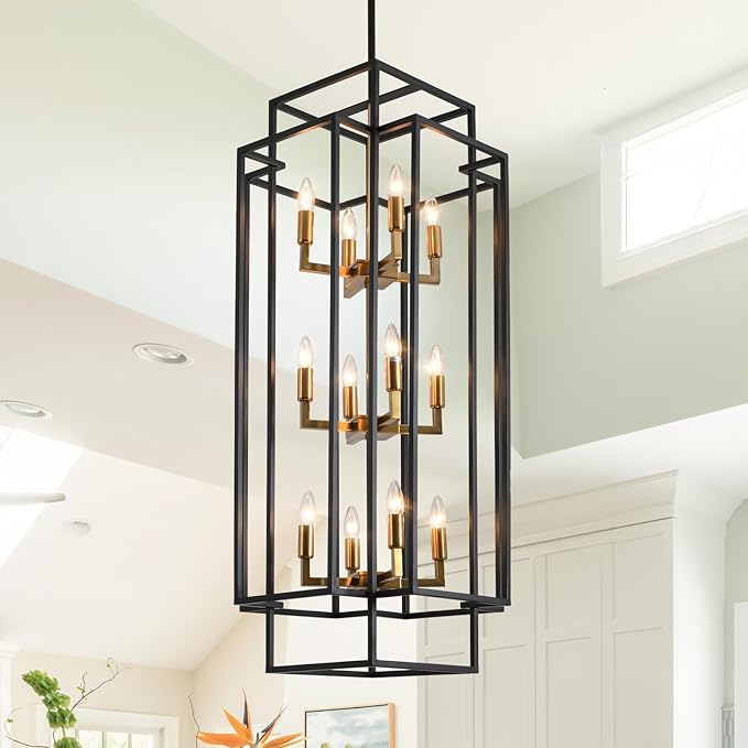 Farmhouse 12-Light Lantern Tiered Pendant Light Fixture - Entryway Chandelier for High Ceilings, Staircase, Hallway (Black and Gold)