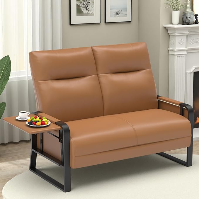 Faux Leather Loveseat Couch for Living Room Bedroom Office, Small Sofa 2 Seater Couch with Flip Up Tray Table Side Pockets Leather Loveseats, Brown