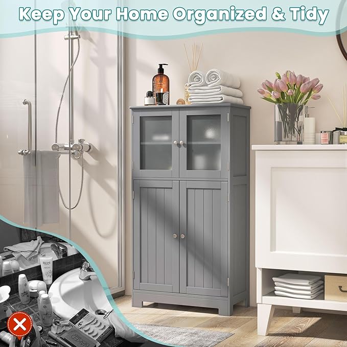 COSTWAY Bathroom Storage Cabinet, Wooden Linen Storage Organizer Cupboard with Doors & Adjustable Shelf, Freestanding Floor Cabinet for Living Room, Kitchen, Entryway, Office (Grey)