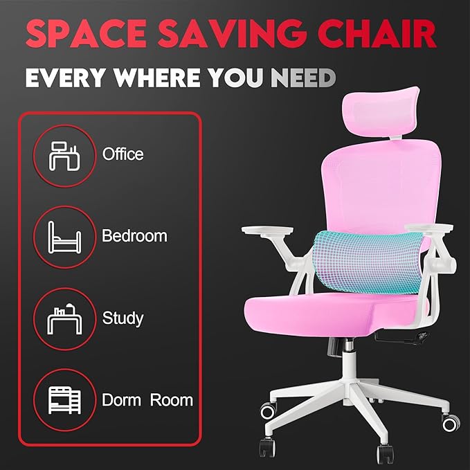 Ergonomic Office Chair - 400LB Comfy Desk Chairs with Adjustable Headrest and Lumbar Back Support, Mesh Computer Chairs with Wheels and Arms for Home Office, Study, Bedroom and Dorm (01pink)