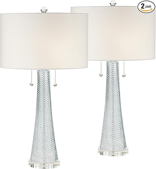 Possini Euro Design Miriam Modern Table Lamps 28.5" Tall Set of 2 Light Sky Blue Fluted Glass with Swirl Pattern White Drum Shade for Living Room Bedroom Bedside Nightstand Office Family