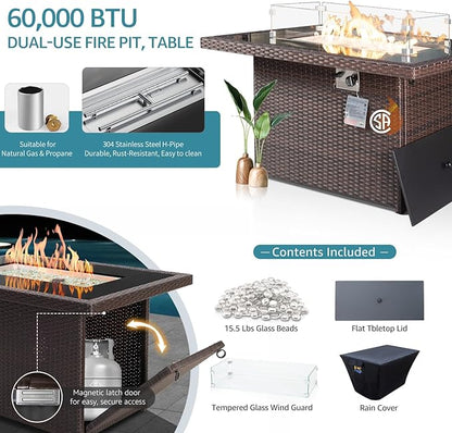 NICESOUL Large Outdoor Patio Furniture Set with Firepit Propane/Natural Gas, High-End Deep Seats Wicker Modular Sectional Sofas for 8, 29.3'' High Back Conversation Sets, Brown Rattan and Teal Cushion