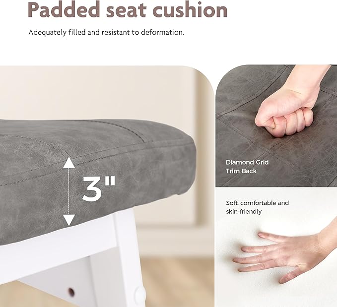 ALPHA HOME Bar Stools Set of 3, Solid Wood Saddle Kitchen Stools with Grey PU Leather Cushion Counter Height Barstools with Wooden Base for Kitchen Dining Cafe, 24 Inch, Grey, 3PCS