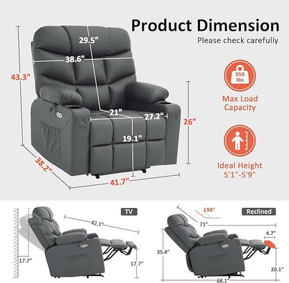 MCombo Oversized Power Lift Recliner Chair with Extended Footrest for Elderly People, Faux Leather R7289 (Dark Grey, Oversize)