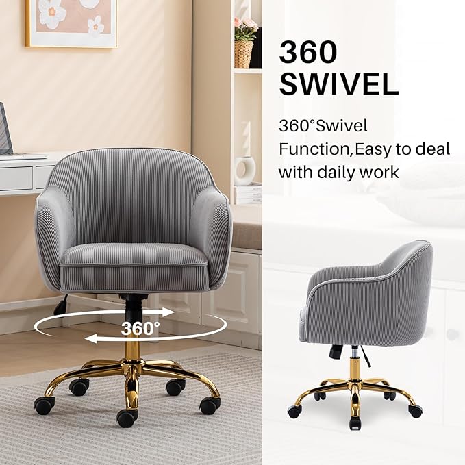 Home Office Desk Chair with Arms Gold Wheels Modern Velvet Upholstered Rolling Computer Chair Mid-Back Ergonomic Adjustable Swivel Vanity Chair for Bedroom Study Office, Grey,Corduroy