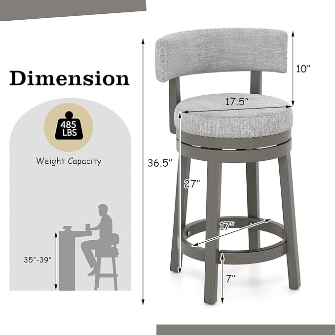 COSTWAY Bar Stool, 27-inch 360° Swivel Barstool with Upholstered Back & Seat, Solid Rubber Wood Legs & Footrest, Farmhouse Counter Height Chair for Home, Bar, Cafe, Grey (1, Seat Height 27‘’)