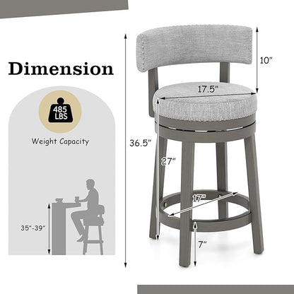 COSTWAY Bar Stool, 27-inch 360° Swivel Barstool with Upholstered Back & Seat, Solid Rubber Wood Legs & Footrest, Farmhouse Counter Height Chair for Home, Bar, Cafe, Grey (1, Seat Height 27‘’)