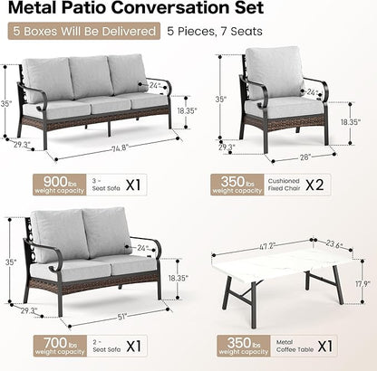 5 Piece Metal Outdoor Patio Furniture Set, Patio Conversation Sets 1 3-Seater Sofa, 2-Seater Sofa, 2 Fixed Sofa with 5.75" Cushion & Coffee Table Black Backyard Furniture, Light Gray