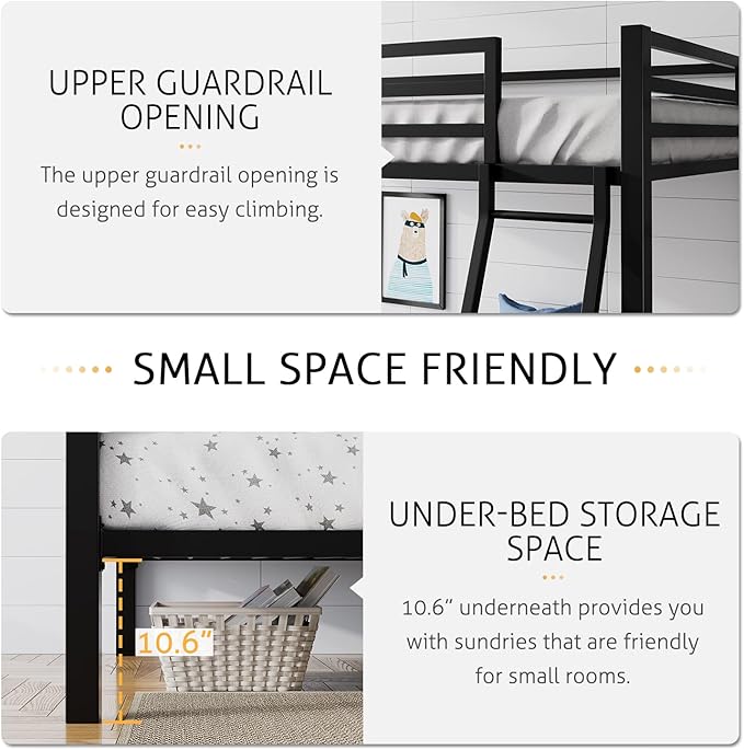 SHA CERLIN Loft Bunk Bed Twin Over Twin Size with Ladder and Guardrail,Heavy Duty Metal Slats Support No Box Spring Needed Small Space Saving Furniture for Bedroom Dorm,Black