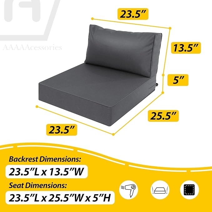 AAAAAcessories Outdoor Deep Seat Cushions, Waterproof, Fade-Resistant Patio Furniture Replacement Cushions, 23.5" x 25.5" x 5" + 23.5" x 13.5", Dark Gray