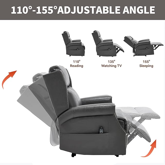 Manual Recliner Chair with Massage & Lumbar Heat, Breathable Leather Reclining Chair for Adults, Humanized Design Easy to Install Living Room Recliners Grey