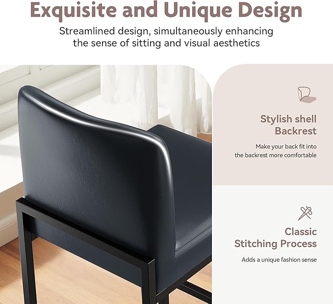 ALPHA HOME 24 Inch Bar Stools Set of 2, Kitchen Counter Stools with Backs, PU Leather Barstools, Kitchen Stools with Back&Upholstered Footrest, Sturdy Chromed Metal Steel Frame, Midnight Blue