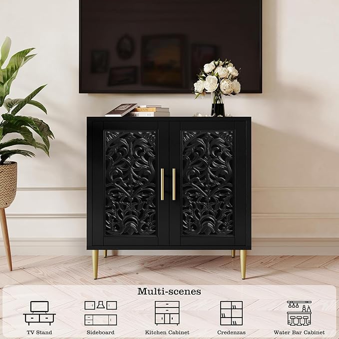 ARTPOWER Vintage Accent Cabinet with 2 Doors, Hollow Carving Buffet Cabinet, Sideboards and Buffets with Storage, Credenza for Living Room, Kitchen, Dining Room, Entryway, Hallway, Black