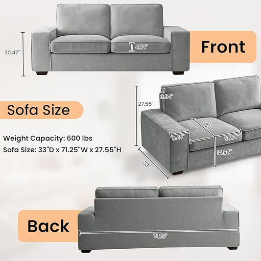 RISAR 71.25" Modern Loveseat Sofa for Living Room, Chenille Couch with Removable Cover & Spring Cushions, Solid Wood Frame, Easy Assembly for Small Spaces (Light Gray)