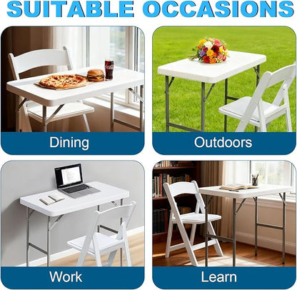 Folding Table Rectangular All-Occasion Plastic Folding Event Table for Indoor and Outdoor, Portable Desk, Camping, Durable and Stable, HDPE and Steel (White, 2.7ft + 1 Chair)