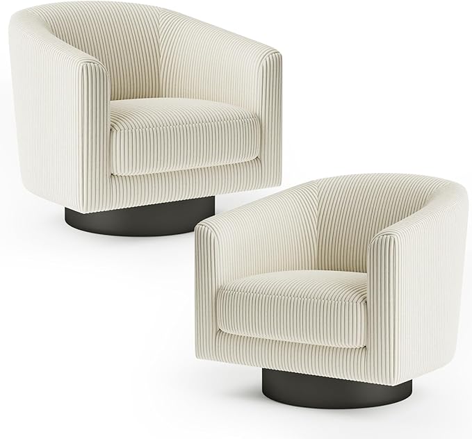 360° Swivel Accent Chairs Set of 2, Modern Bucket Chair, Corduroy Barrel Armchair, Comfy Boucle Chair, Single Sofa for Living Room Bedroom. Cream White