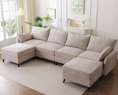 135'' Modular Sectional Sofa with All Seats Storage, Oversized U Shaped Couch for Living Room,4-Seater Comfy Cloud Couch with Movable Ottoman,Big Sectional for Bedroom,Velet,Khaki