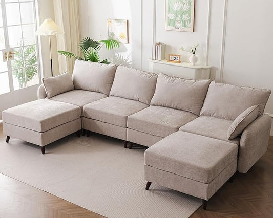 135'' Modular Sectional Sofa with All Seats Storage, Oversized U Shaped Couch for Living Room,4-Seater Comfy Cloud Couch with Movable Ottoman,Big Sectional for Bedroom,Velet,Khaki