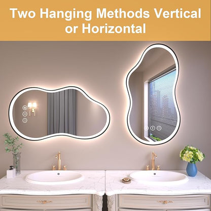 WTTY LED Irregular Bathroom Mirror 26x46 Inch with Front & Back Lights - Asymmetrical Design, Anti-Fog, Dimmable 3 Color Temperatures, Shatterproof Glass, Horizontal or Vertical Mount (Black Frame)