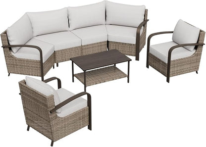 COOS BAY Aurora Terrace Half-Moon Outdoor Furniture Set, Rattan Conversation Set with Patio Chairs, Curved 4-Seat Sofa, Coffee Table, Seats 6, Beige/Beige