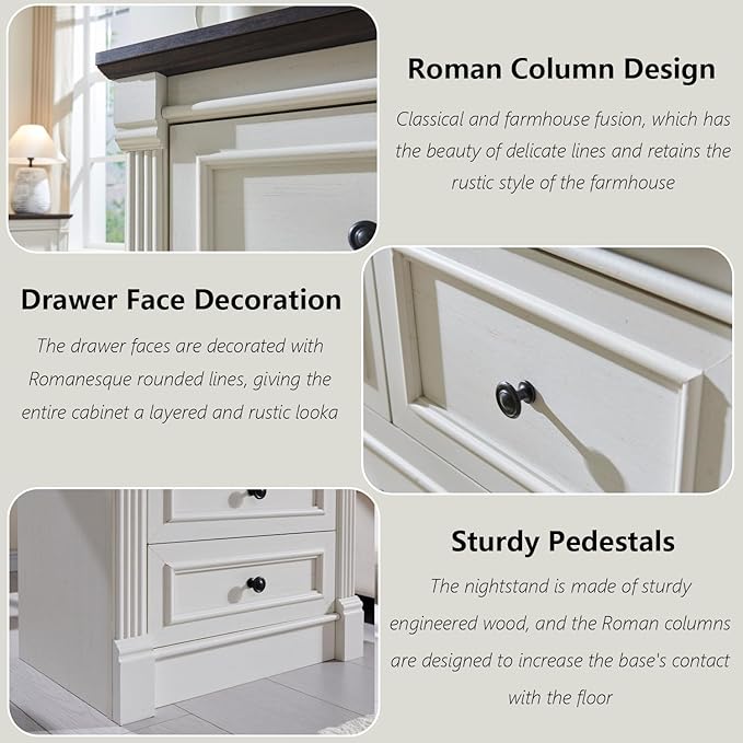 26" Tall Nightstand with Charging Station, Farmhouse 23.6" Wide Large End Table w/Roman Column, Wood Rustic Side Table w/Metal Handle, 3 Drawers Dresser for Bedroom, Living Room, White